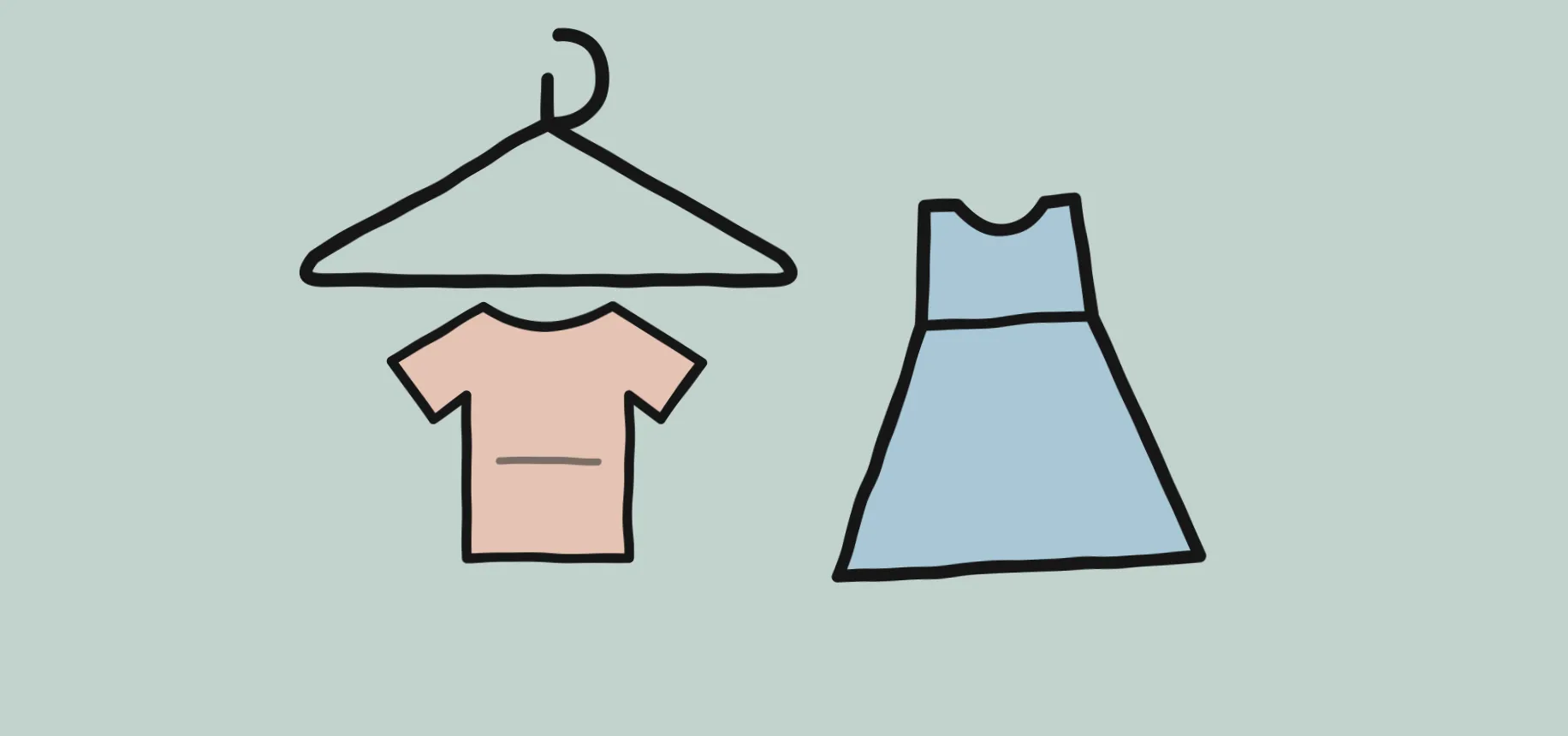 ภาพไม้แขวนพร้อมเสื้อยืดและกระโปรงสีพาสเทล สื่อถึงเสื้อผ้าแฟชั่นสไตล์มินิมอล