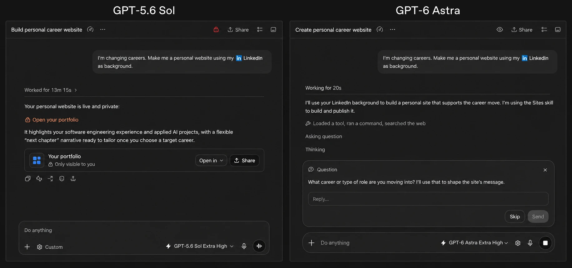 ภาพตัวอย่างจาก OpenAI เปรียบเทียบ GPT-5.6 Sol และ GPT-6 Astra ในการสร้างเว็บไซต์ส่วนตัว